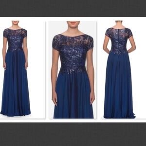 NEW La Femme Floral Lace & Satin Gown Color NAVY  Size 10
